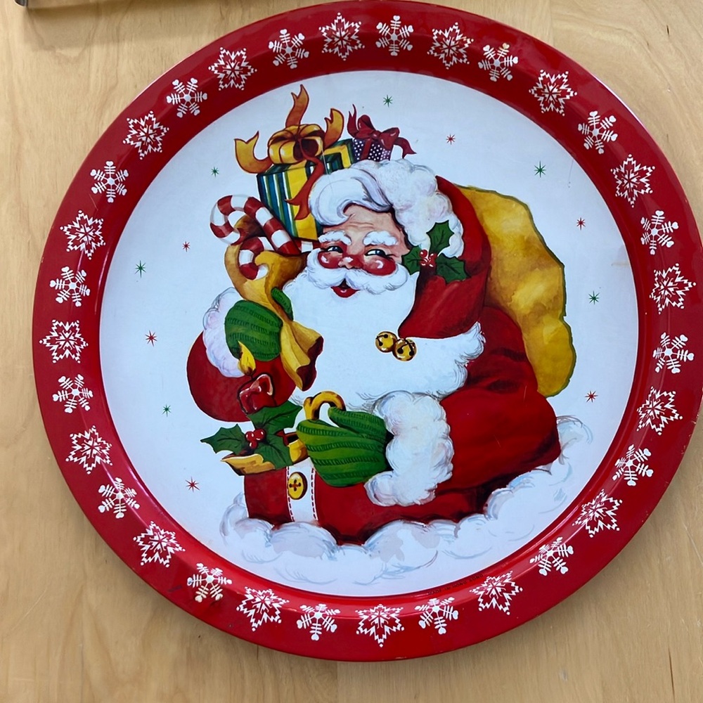 Vintage Jolly Santa Claus Tin‎ Serving Tray red & white good used condition